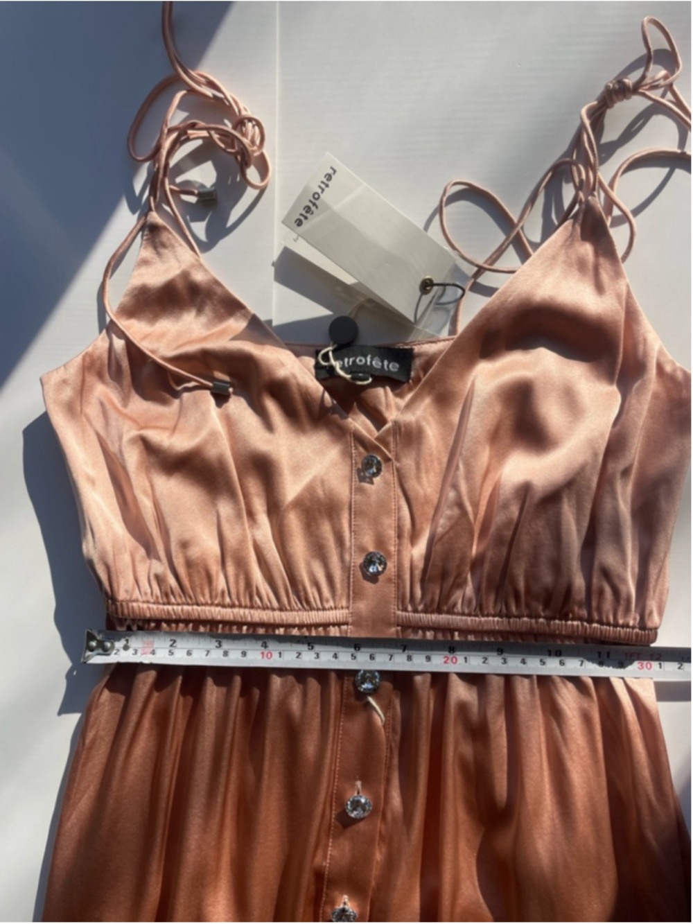 RETROFÊTE Diane Silk Mini Dress Dusty Rose Rhinestone Button Slip Size S - Picture 4 of 9